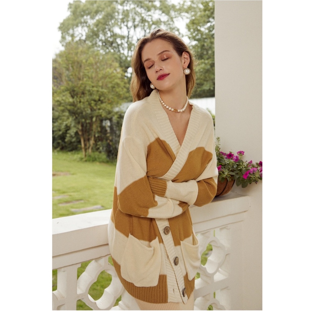 🎥 Colorblock Long V-Neck Cardigan with Pockets - Picture 16 of 17